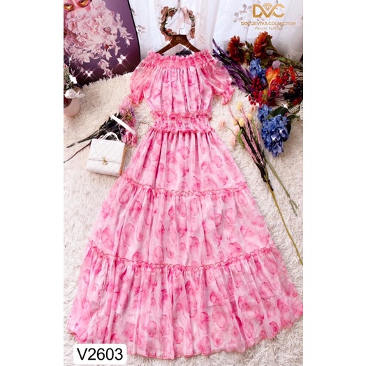 V2603 - váy voan trễ vai hoa hồng