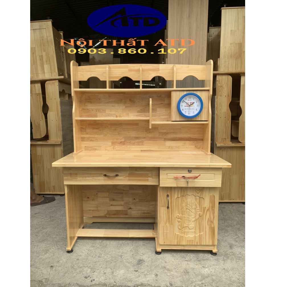 Bàn học gỗ tự nhiên có kệ sách và đồng hồ cho bé cấp 2 cấp 3 bên đẹp bình dương hcm