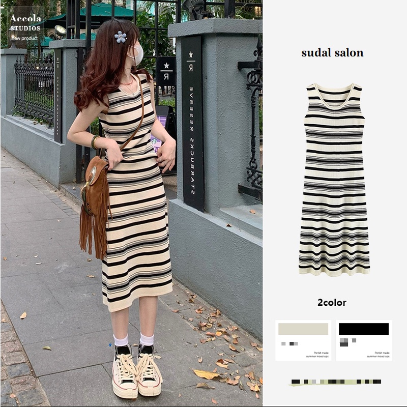 (ORDER) Váy thun ba lỗ MORAN dáng dài thon gọn họa tiết kẻ sọc ngang style Hàn Quốc du lịch