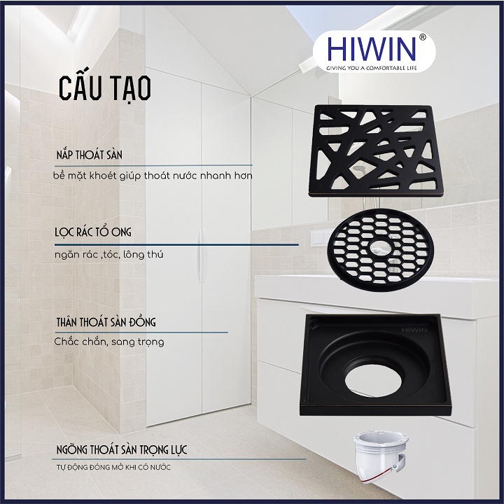Phễu thoát sàn ngăn mùi hôi thoát nước nhanh đồng mạ đen kích thước 100x100mm HIWIN FD-1415B