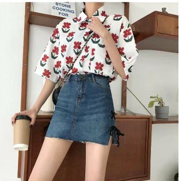 Order chân váy jean đậm đan dây đen chữ A