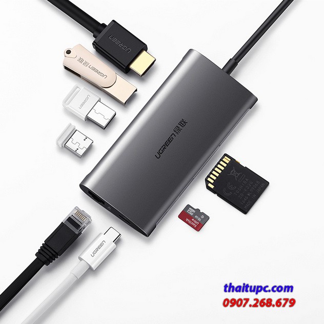 Cáp đa năng USB C to HDMI + USB 3.0 + LAN 1Gbps + Card Reader Ugreen 50538