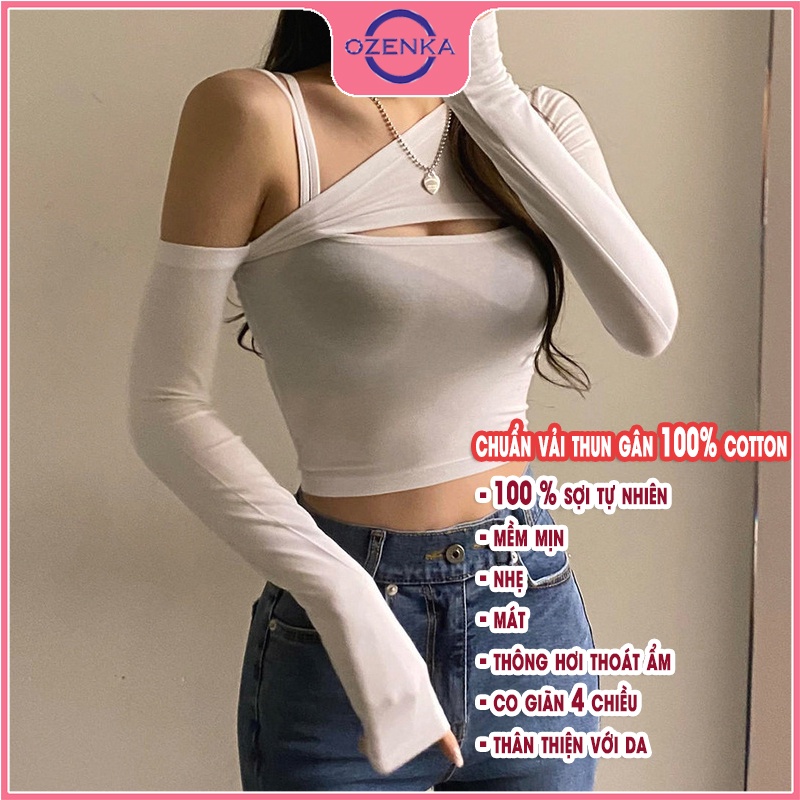 Áo croptop kiểu hàn quốc nữ ozenka , set áo croptop dài tay trễ vai kèm áo 2 dây ôm body thun gân cotton màu đen trắng