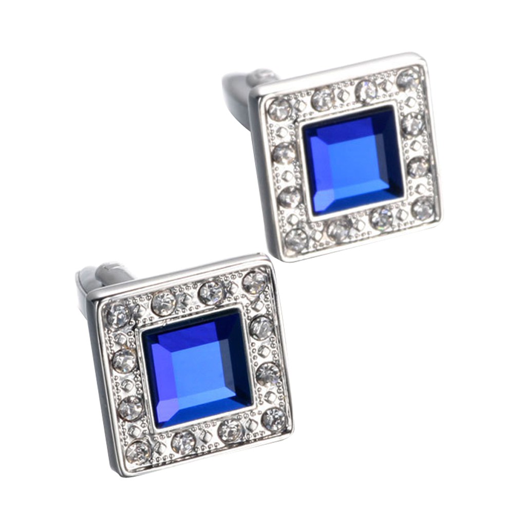 Blue Crystal Square Silver Cufflinks Luxury Vintage Wedding Mens Cuff Links