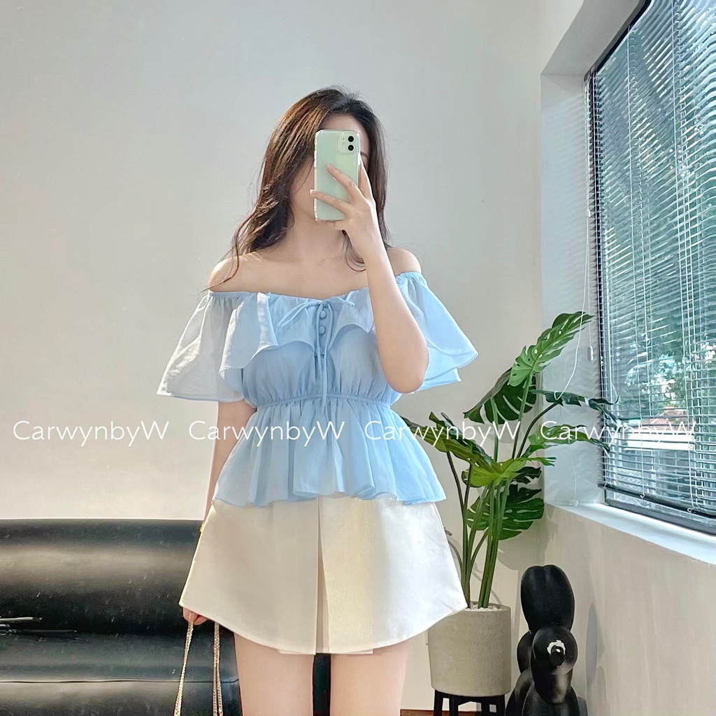 CarwynbyW - Áo Cổ V Viền Bèo Chiết Eo Màu Pastel