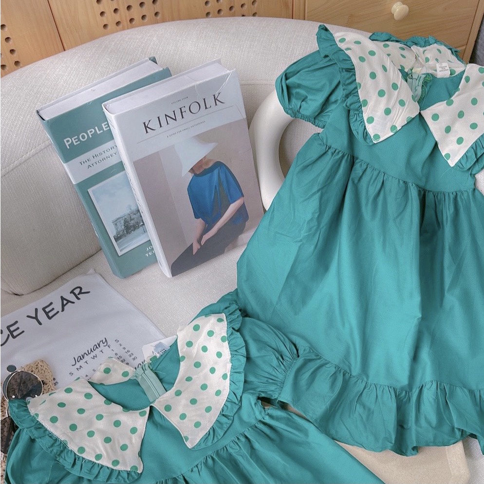 Váy Bé Gái-❤V0035❤Đầm cho bé chất liệu thô giấy lạnh cao cấp. váy công chúa màu xanh cổ chấm bi