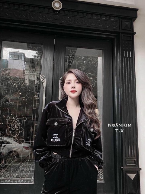 Bộ nhung tay dài quần dài thêu sịn sò