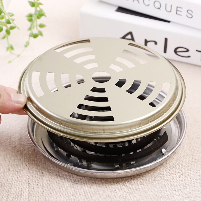 Bộ khay đốt nhang muỗi, nhang vòng 15cm bằng thép có nắp đậy an toàn, hộp đựng nhang khoanh, đồ để nhang xông phòng