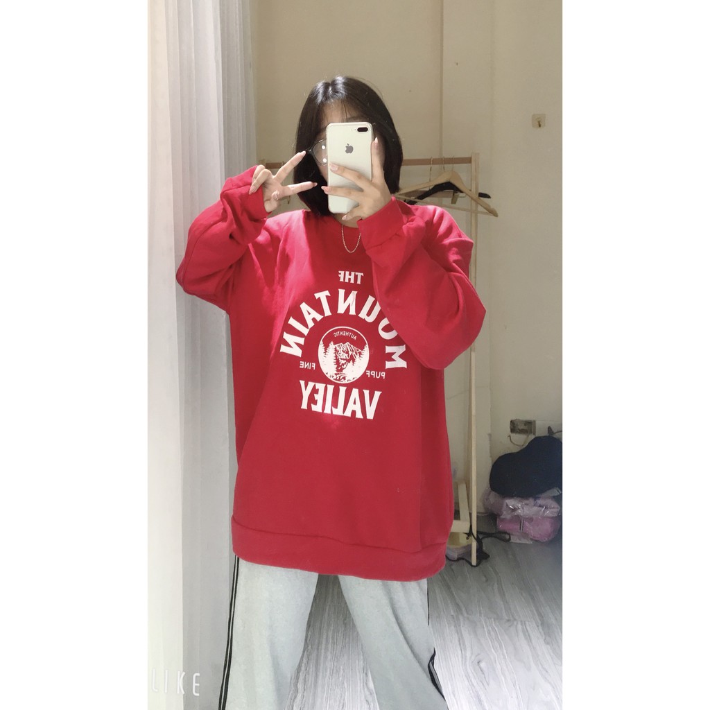 Áo Sweater dài tay 2 màu đỏ trắng dáng Oversize Ulzzang Hàn Quốc/Áo Nỉ Dài Tay Sweater mountain Dáng Unisex Siêu Chất