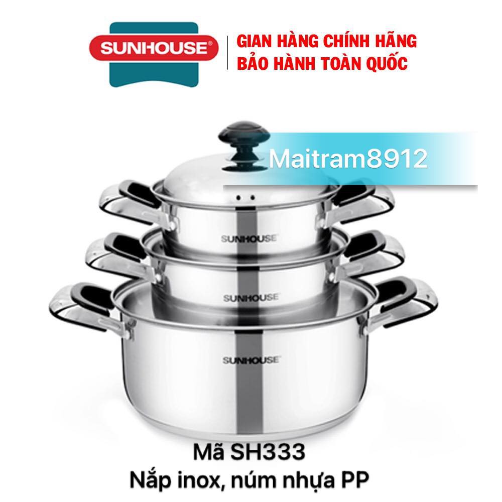 BỘ 3 NỒI INOX 3 ĐÁY SUNHOUSE SH 333 - 334 - 335, ĐÁY TỪ (DÙNG ĐƯỢC BẾP ĐIỆN TỪ), GỒM NỒI 16 CM, 20 CM, 24 CM