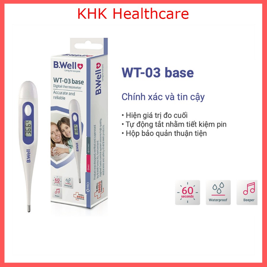 Nhiệt kế điện tử B.Well WT-03 đo nhanh trong 60s, có cảnh báo sốt và chống thấm nước, nhập khẩu Thụy Sỹ