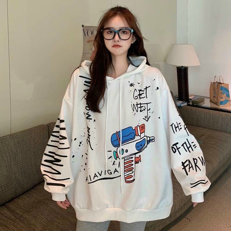 Áo Khoác Nỉ Trần Bông Kiểu Hoodie In Chữ Hoạt Hình From Rộng TTVV0046
