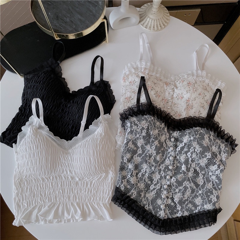 Áo hai dây phối ren hoa ngọt ngào có đệm ngực và thắt lưng tự làm cho nữ