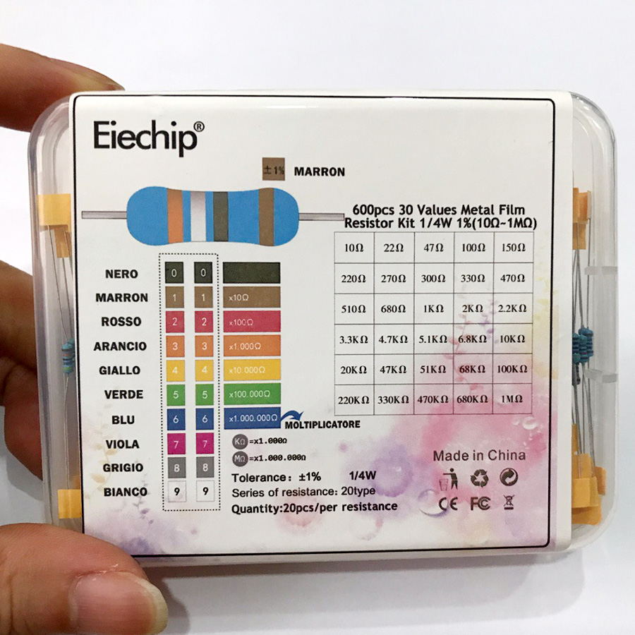 600pcs/lot 30Values* 20pcs 1% 1/4 W resistor pack set diy Metal Film Resistor kit use colored ring resistance (10 ohms~1 M ohm)