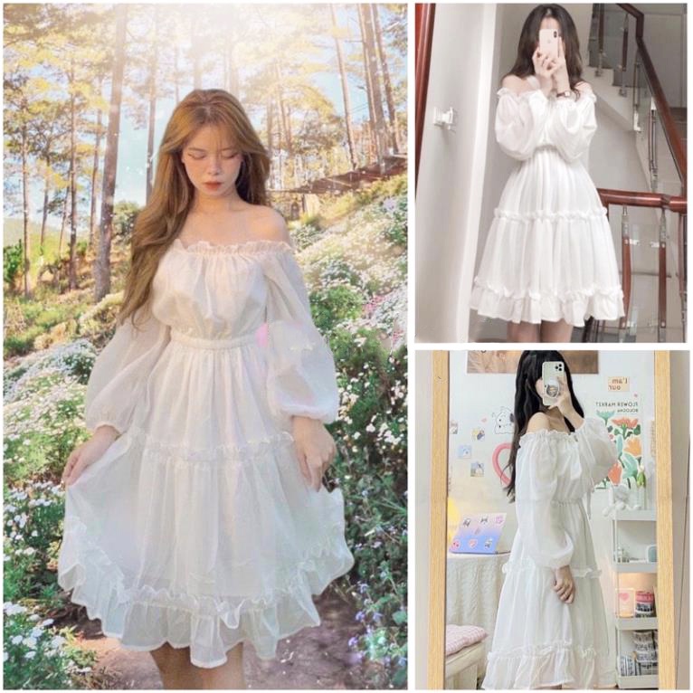 Kan Shop -  Váy Vintage Tiểu Thư Trễ Vai - Đầm Bánh Bèo Màu Trắng Xinh Xắn | BigBuy360 - bigbuy360.vn