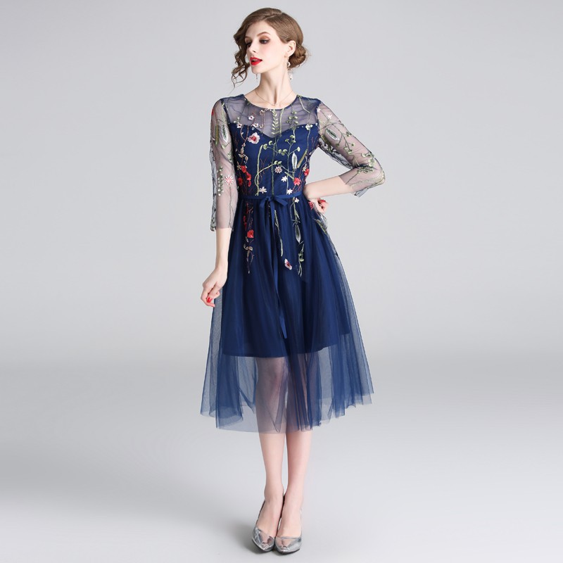 Real Shot Women's High Quality Embroidered Mesh Midi Party Dress | BigBuy360 - bigbuy360.vn