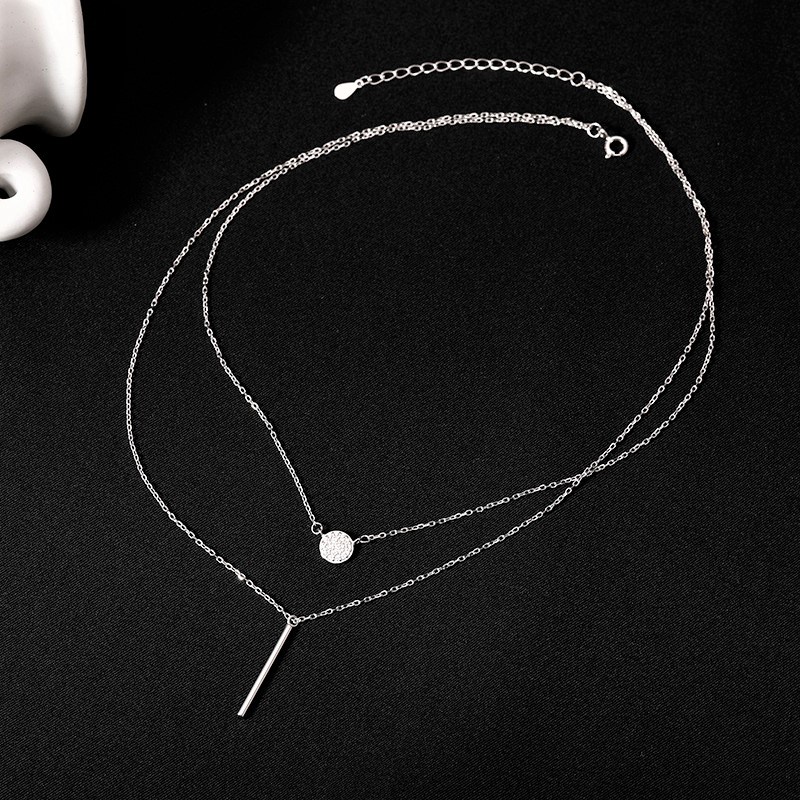 Dây chuyền bạc nữ cao cấp dạng 2 sợi lồng nhau, mặt thanh tròn và thanh đinh
