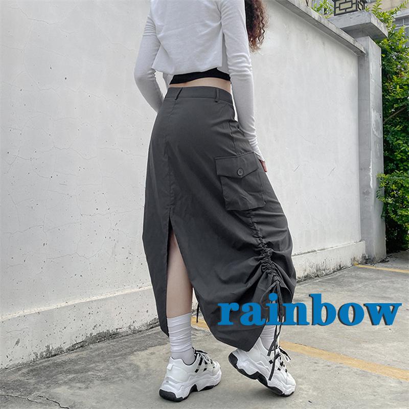 Chân Váy Midi Dài Thẳng Có Túi Màu Cầu Vồng 2K Phong Cách Harajuku Cổ Điển Đường Phố Cho Nữ