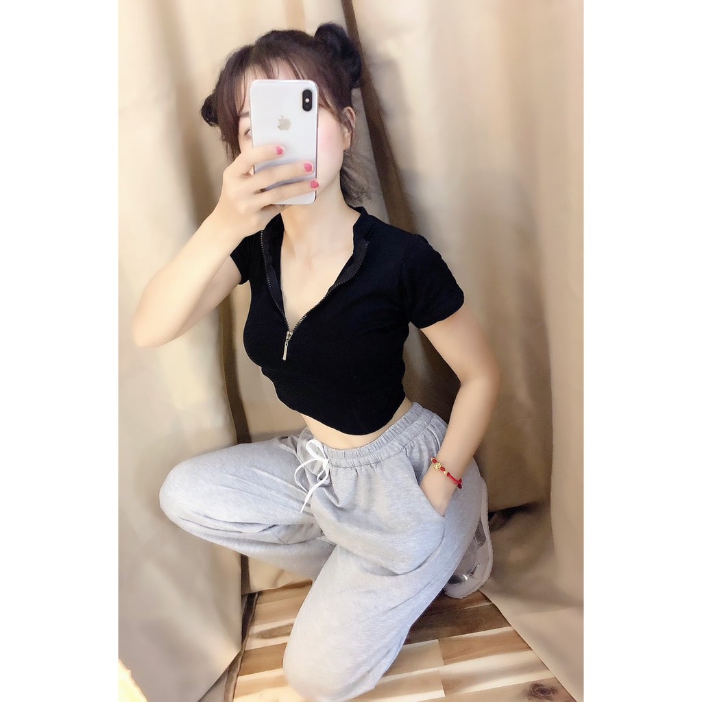 Áo crotop kiểu khoá kéo trơn borip đủ màu freesize dưới 52kg