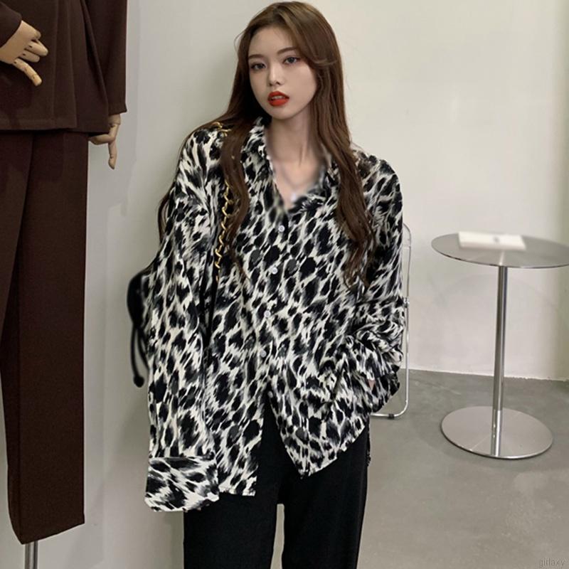 Áo Sơ Mi Tay Dài Dáng Rộng Họa Tiết Da Báo Quyến Rũ Phong Cách Hàn Quốc