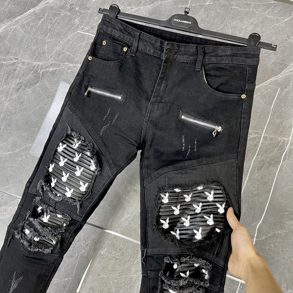 Quần Jean Amiri Nam Play Boy, Quần Bò Amiri Rách Vá Da Nhăn In Thỏ Quần Biker Cao Cấp Vải Bò Không Phai Màu