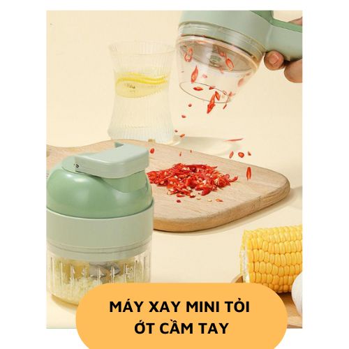 Máy xay hành tỏi ớt đa năng gồm 2 cối dùng xay và cắt, có đầu cọ để vệ sinh, cái phần tay cầm để ép cối xay là dao nạo
