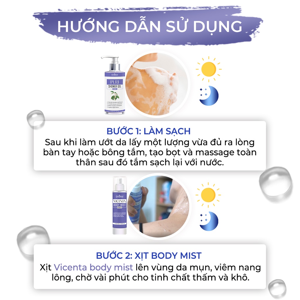 Combo Xịt Mụn Lưng , Giảm Viêm Nang Lông Dành Cho Nữ Oriskin Vicenta Body Mist  100ml và Sữa Tắm Puri shower Gel 300ml