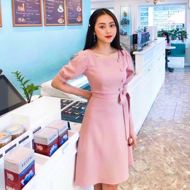 Đầm hồng cổ U nút bọc v2 (KÈM HÌNH THẬT) | BigBuy360 - bigbuy360.vn