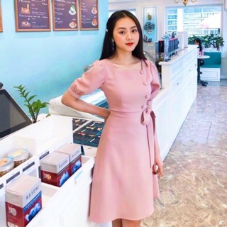 Đầm hồng cổ U nút bọc freesize dưới 50kg, váy dạo phố hàn quốc
