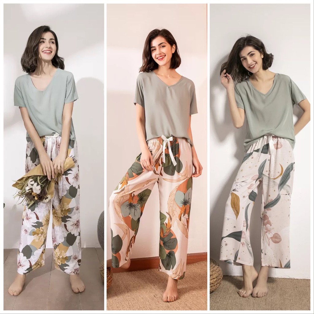 Bộ Pijama đồ mặc nhà quần dài, áo cộc tay lụa cotton mặc mùa hè cực mát 2021 CiCi