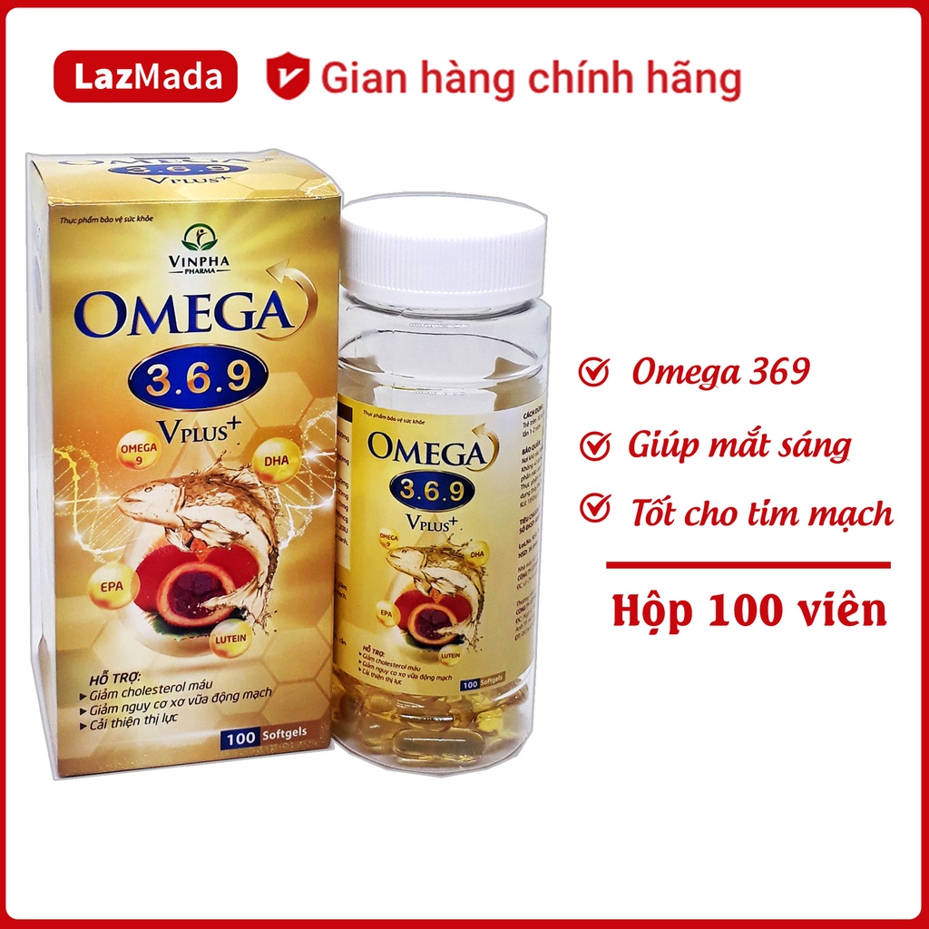 Viên uống Omega 3 6 9 VPlus Hộp 100 viên - thành phần dầu cá, dầu gấc, dầu hoa anh thảo - sáng mắt bổ não khỏe tim mạch