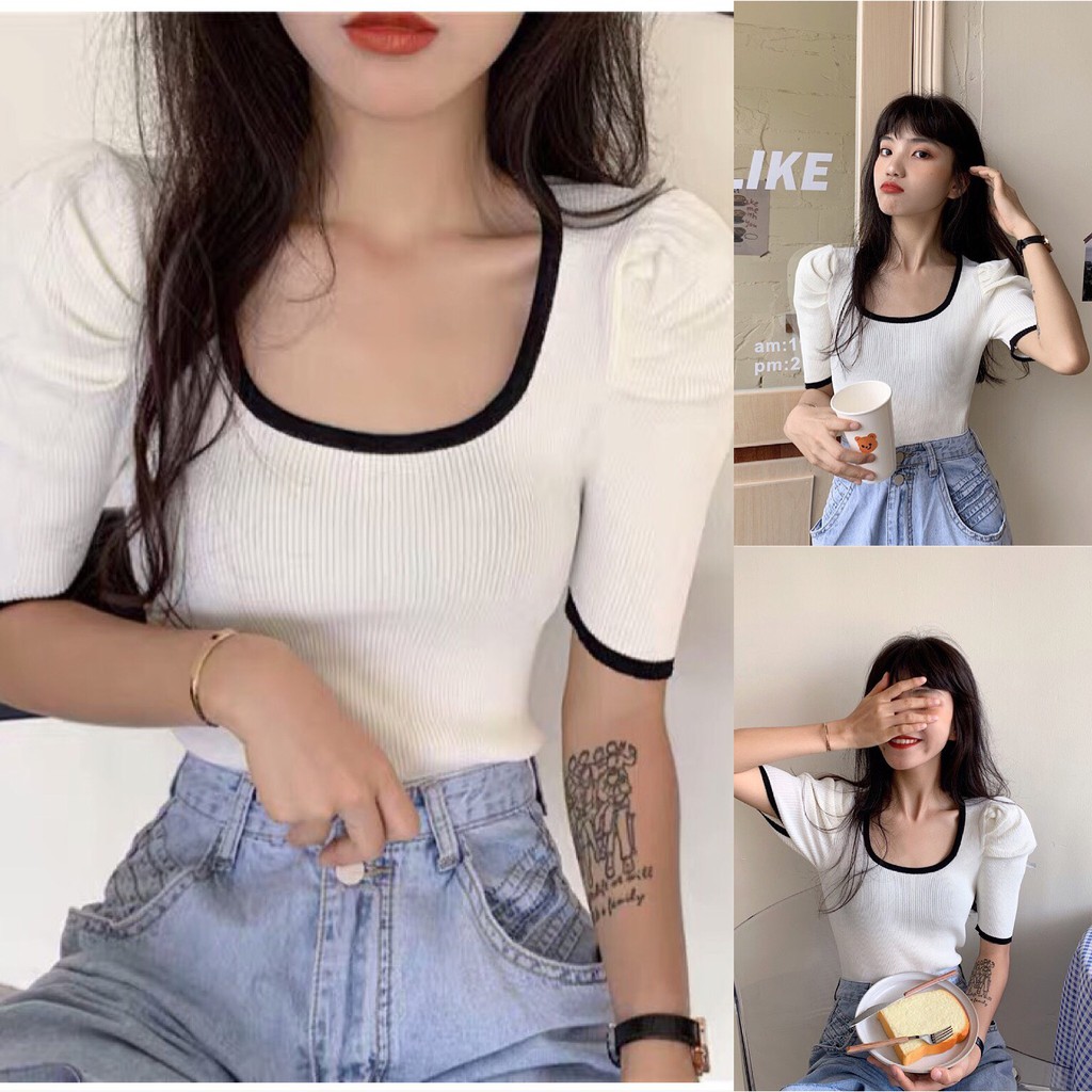 [BÁN SỈ] Áo Len Dệt Kim Nữ Tay Ngắn Bồng Cổ Tròn Viền Cổ Dáng Croptop_Xuống Phố Là Xinh