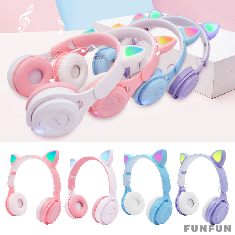 Tai nghe Bluetooth không dây hình tai mèo có đèn led 6h tiện dụng cho trẻ em / học sinh