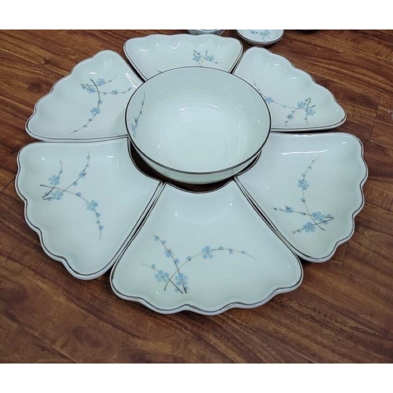 Bộ bát đĩa hoa mặt trời vẽ sen xanh ĐK47cm. Sứ Bát Tràng. Hàng y hình