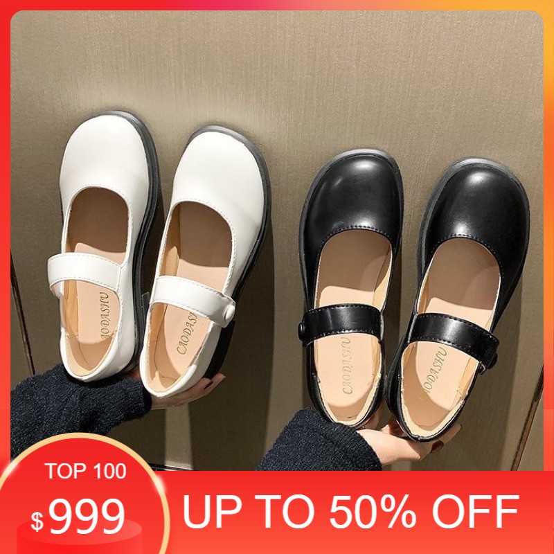 GIÀY NỮ ULZZANG mary jane khuy tròn 2 màu đen trắng hàng da đẹp loại 1