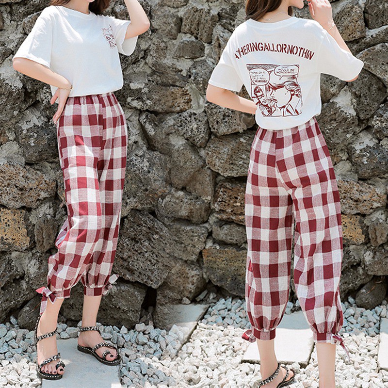 Quần dài nữ ống rộng họa tiết caro thời trang | BigBuy360 - bigbuy360.vn