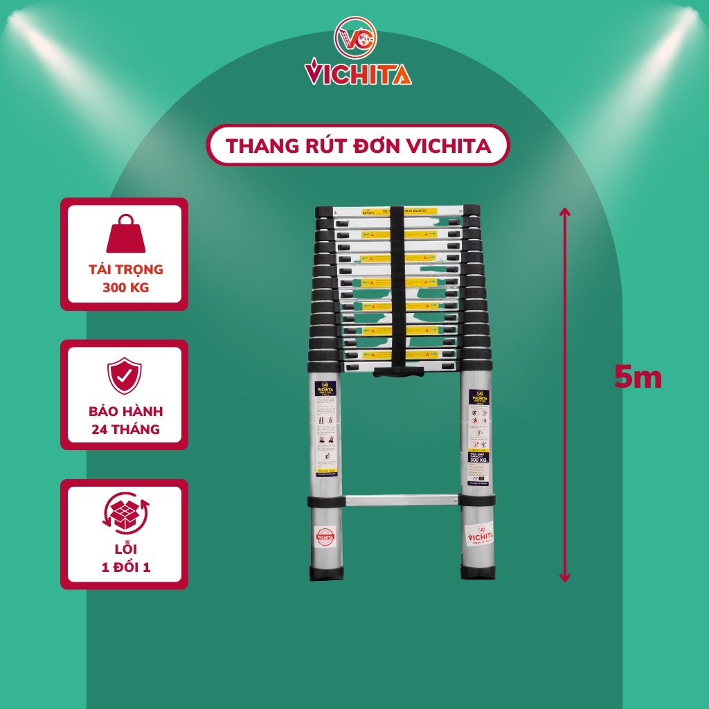 Thang Nhôm Rút 5M VICHITA - Bảo Hành 2 Năm - Tặng Kèm 2 Chốt Thang