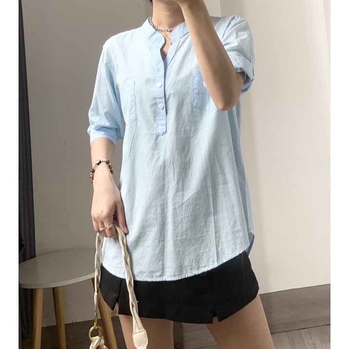 Áo sơ mi nữ cổ tàu form rộng tay lỡ kiểu Hàn nhiều màu trẻ trung phong cách