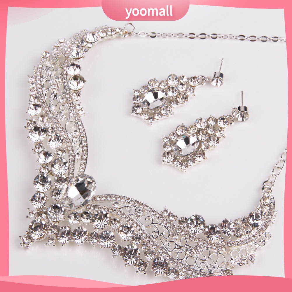 Bộ Vòng cổ + Bông Tai Đính Đá Sáng Bóng Cho Cô Dâu