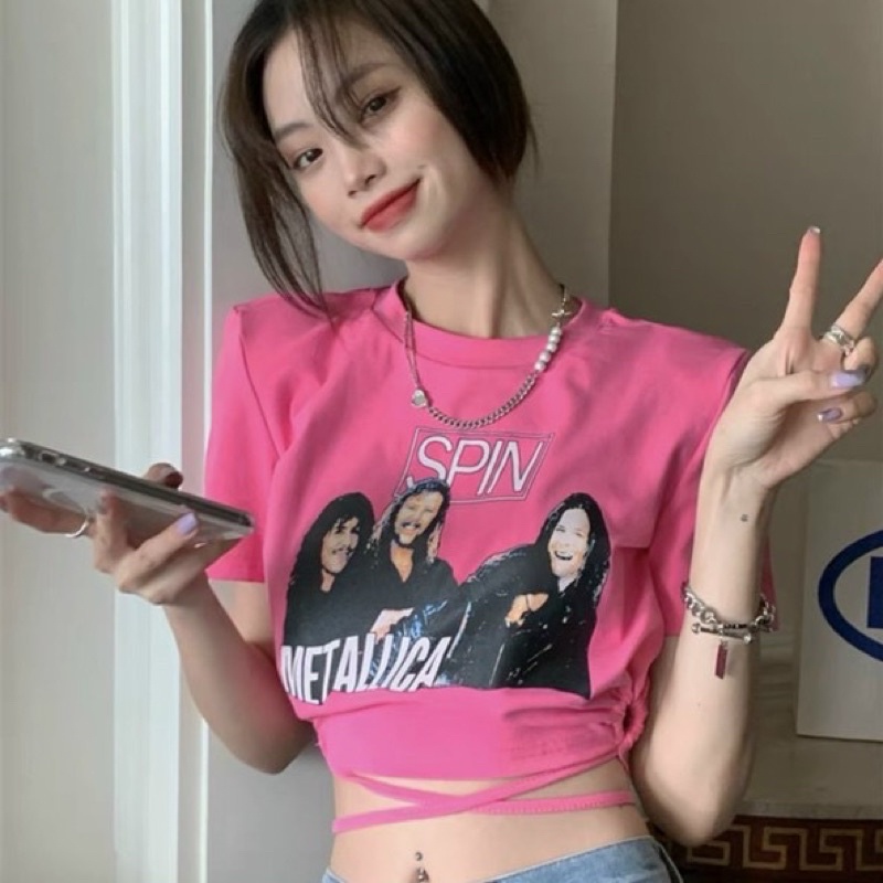 Áo kiểu croptop SPIN CỘT EO GB tay ngắn cổ tròn hình in sexy đơn giản năng động cá tính nữ phong cách hàn quốc alohashop