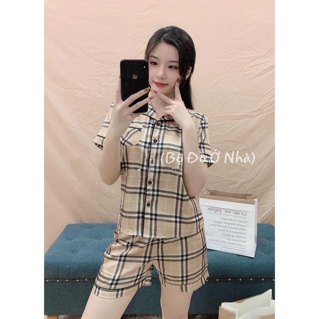 Bộ pijama đùi lụa cao cấp họa tiết kẻ bbr hãng Xinh X425