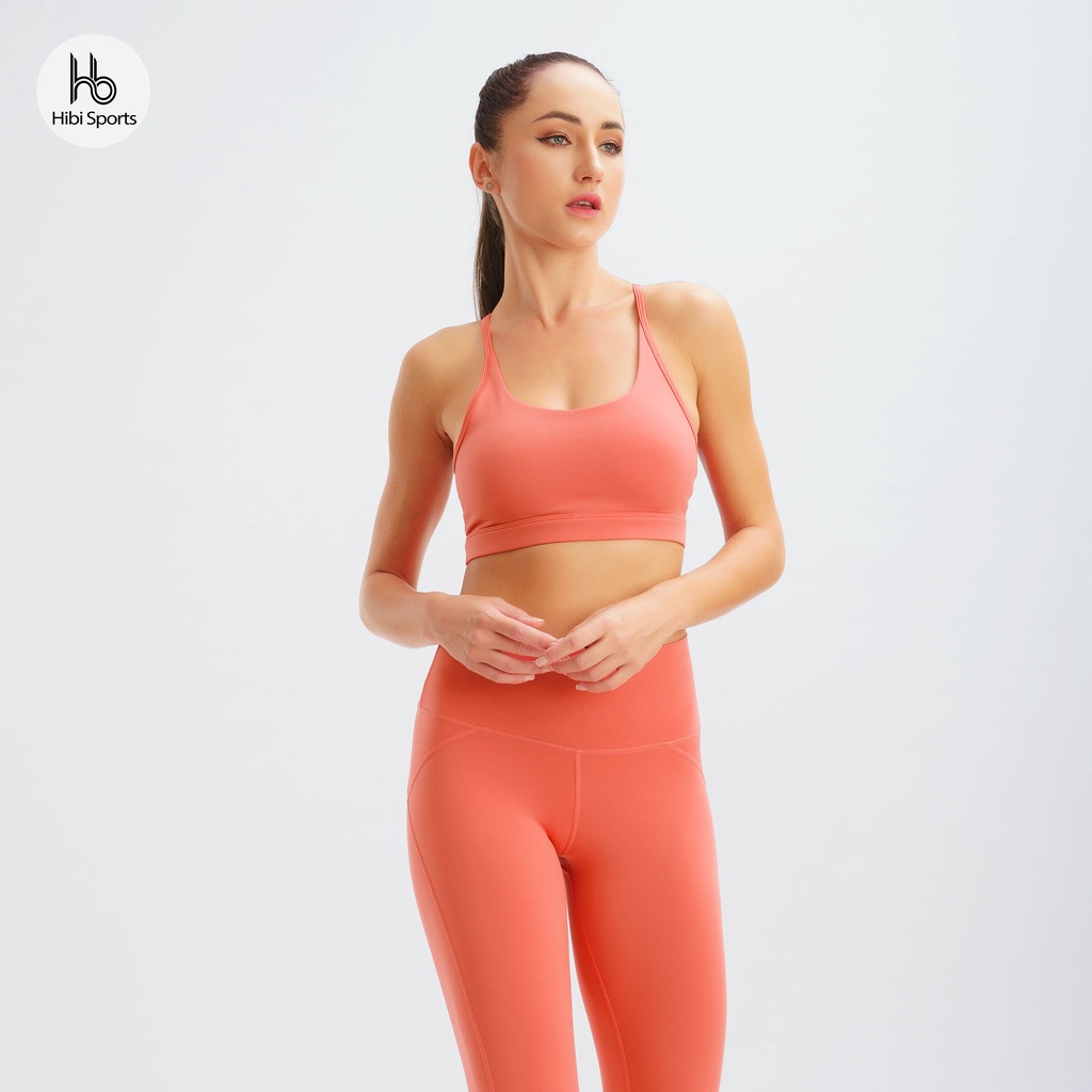 Set đồ tập yoga gym Luxury Hibi Sports H140 đan hai nơ bản to, màu Cam kèm mút ngực, chất vải cao cấp Lu Fabric
