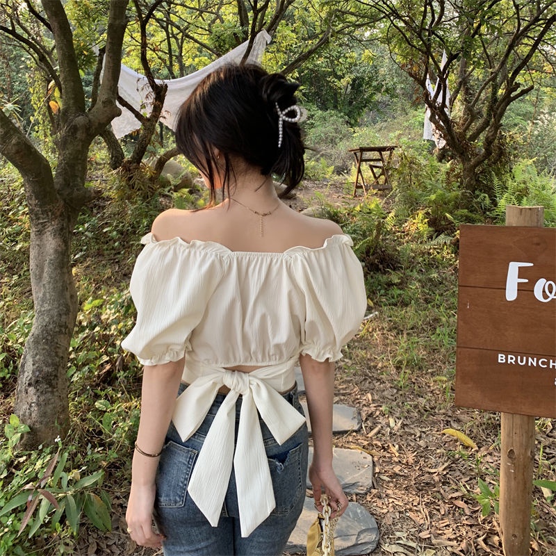 Áo Kiểu Cổ Chữ V Tay Loe Ngắn Thiết Kế Thắt Nơ Ngọt Ngào Thời Trang Cho Nữ