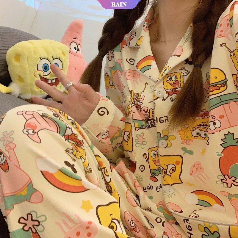 Bộ Đồ Ngủ Pijama Tay Dài In Hoạt Hình Spongebob Patrickstars Dễ Thương