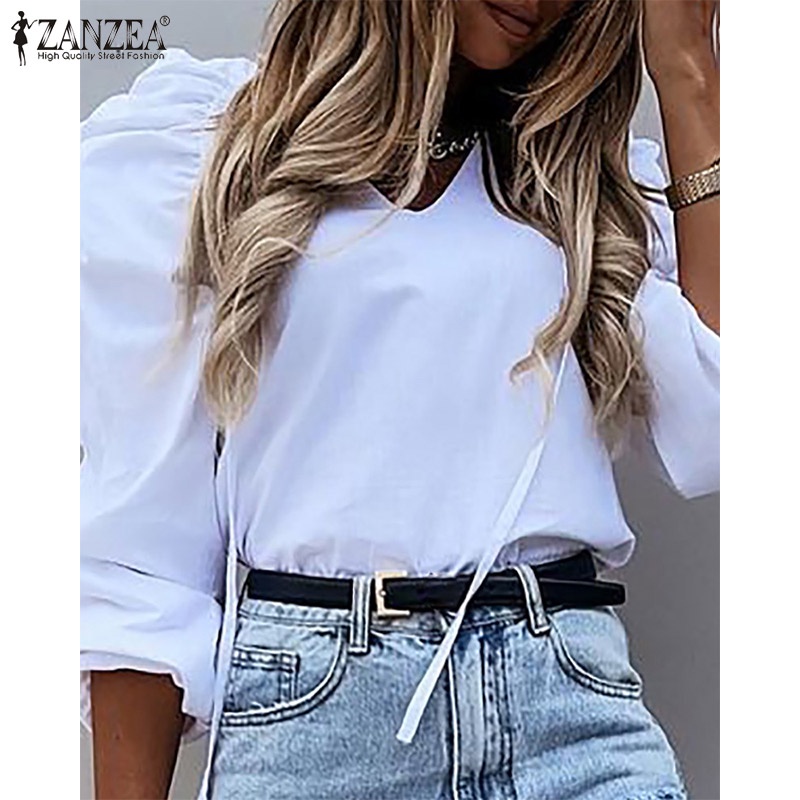 Áo kiểu Zanzea tay dài phồng thiết kế cổ chữ v thắt dây thời trang thanh lịch cho nữ
