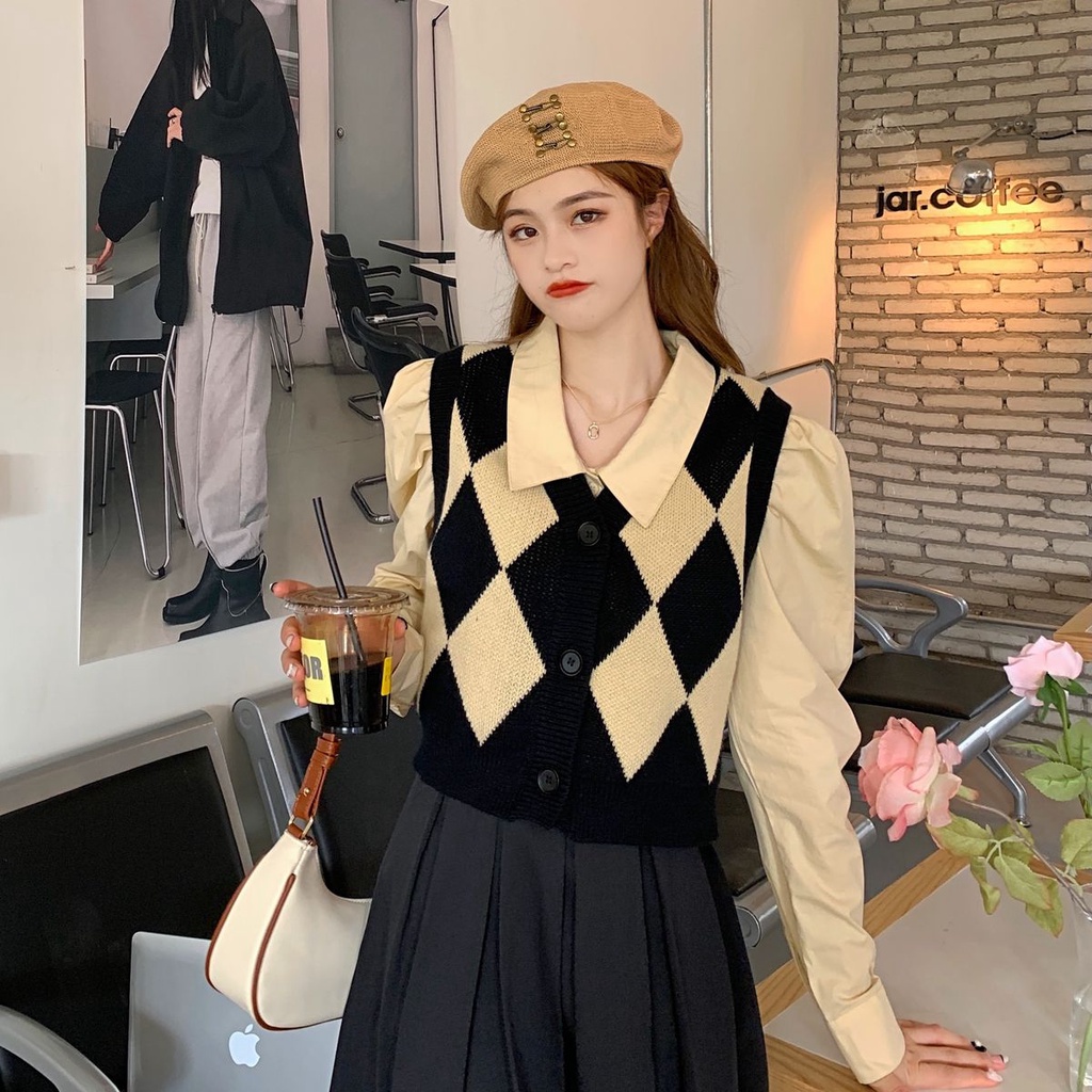 Áo len không tay họa tiết sọc theo phong cách Hàn Quốc