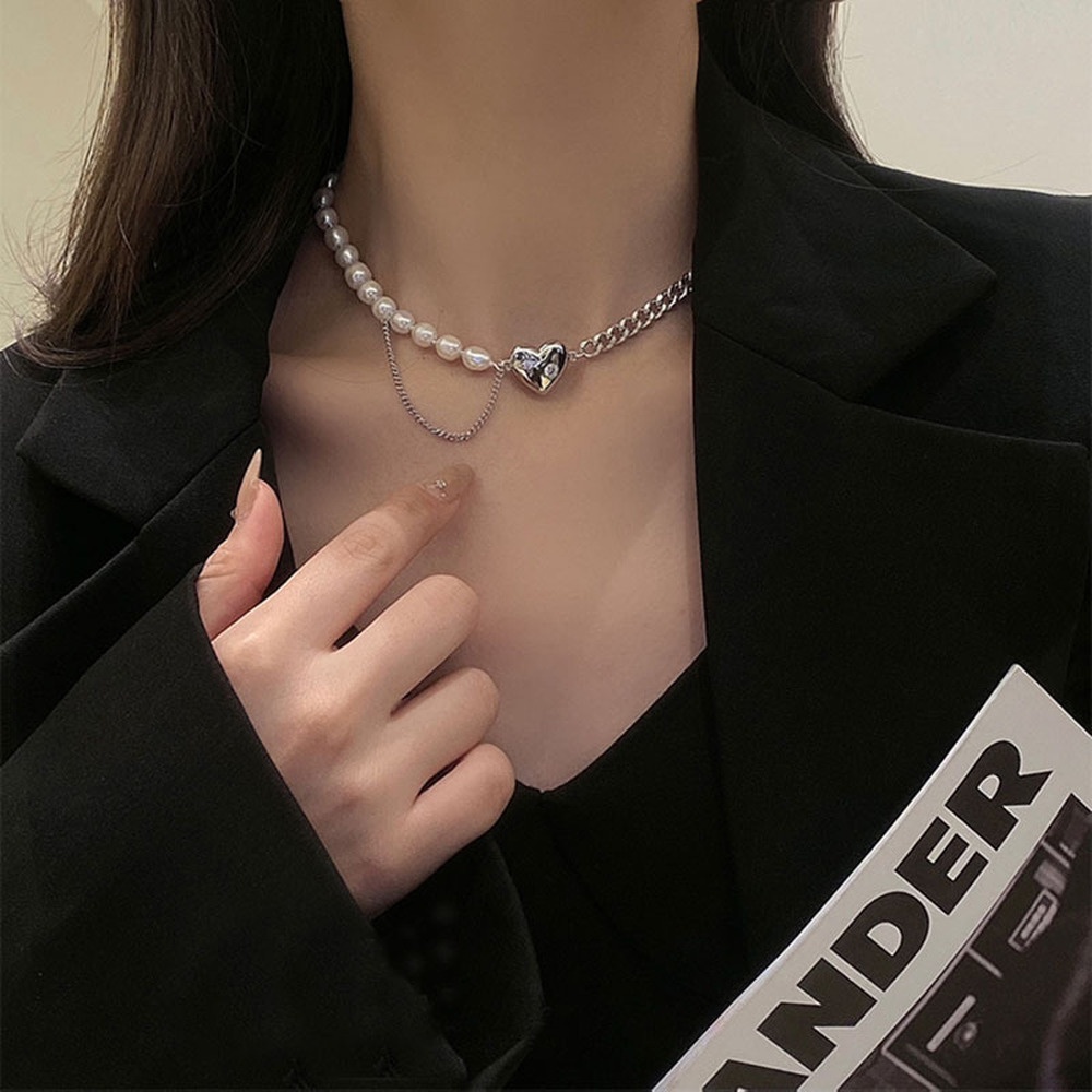 Dây chuyền choker chuỗi ngọc trai giả mặt trái tim phong cách hiphop đơn giản thời trang mùa hè dành cho nữ