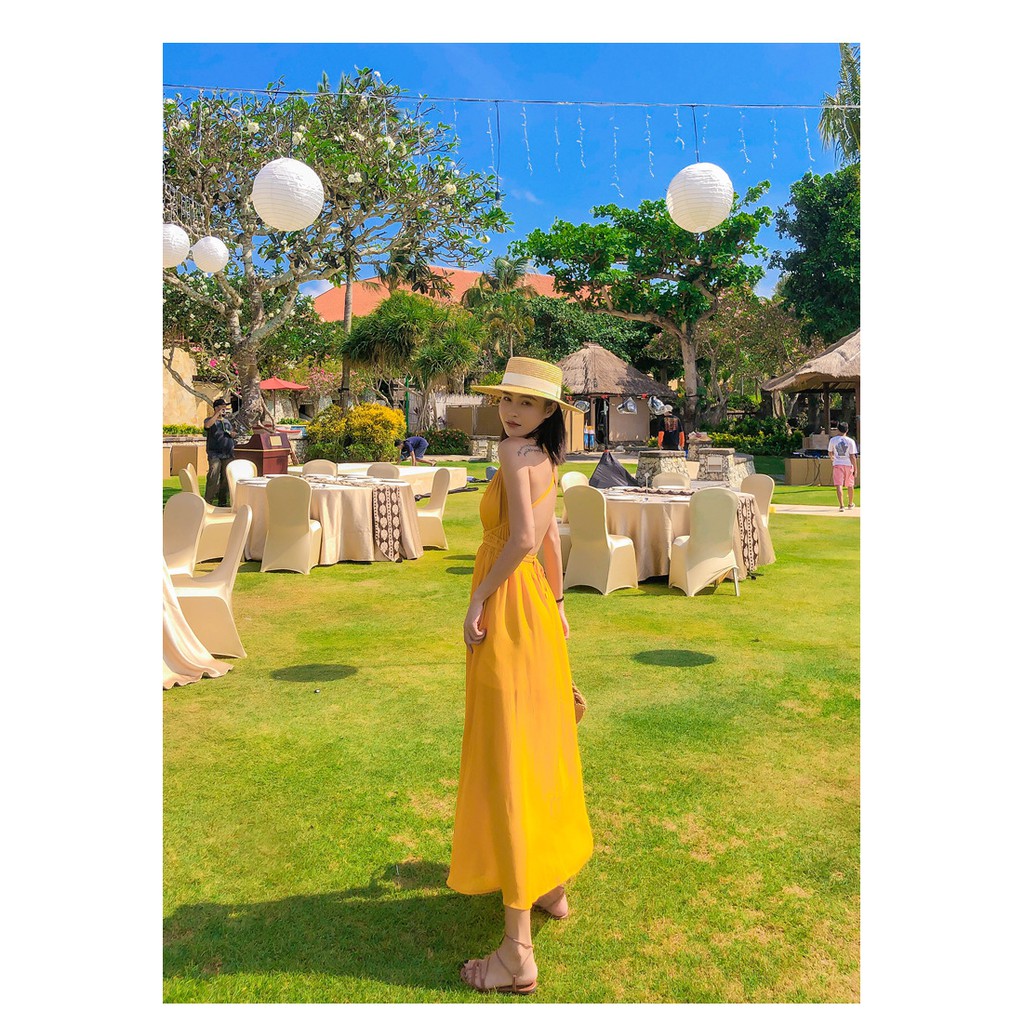 (CÓ SẴN)ĐẦM MAXI VÁY MAXI VÀNG HỞ LƯNG ĐI BIỂN QUẢNG CHÂU | BigBuy360 - bigbuy360.vn