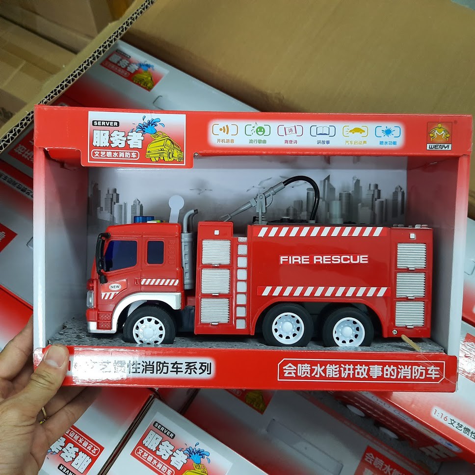 Mô hình xe Ô tô cứu hỏa phun được nước đồ chơi trẻ em tỉ lệ 1:16 có âm thanh và đèn