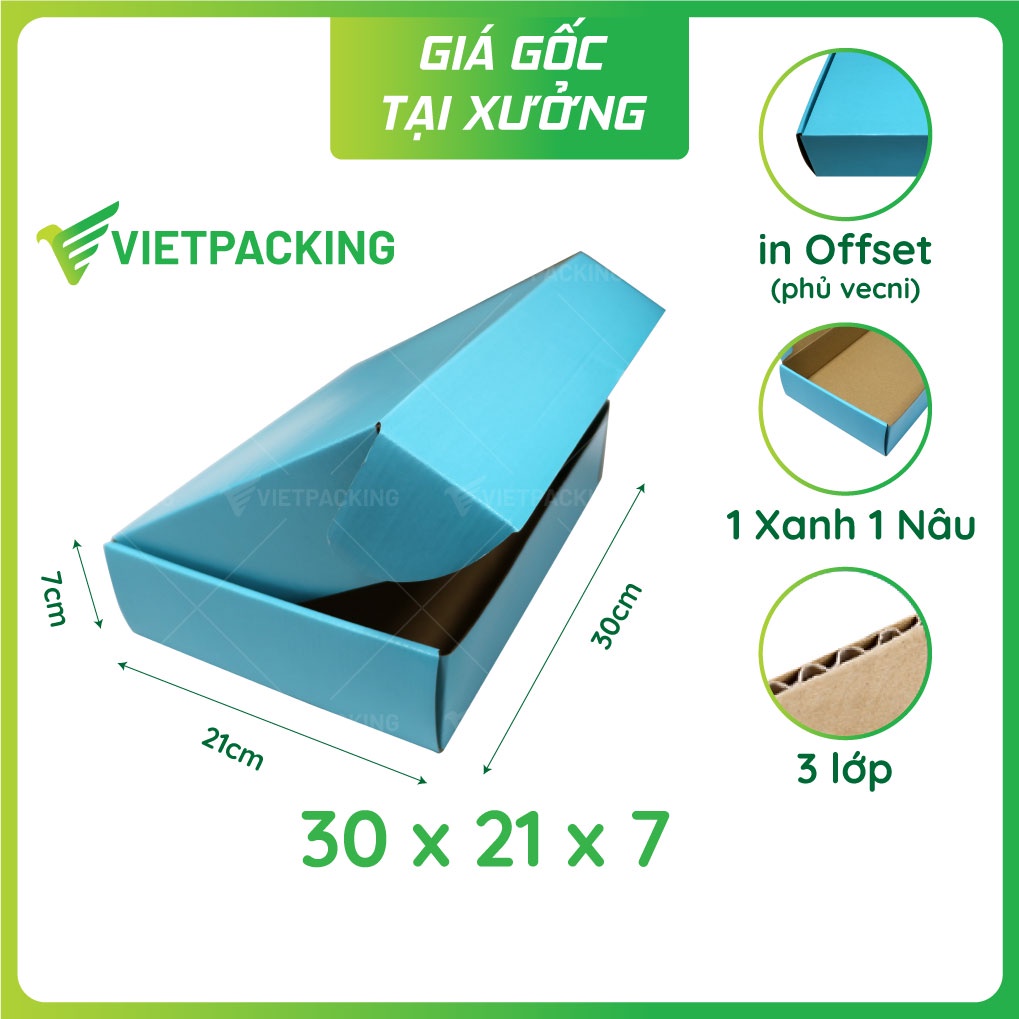 30x21x7 - 8 hộp carton nắp gài hông màu xanh dương phủ vecni đựng quần áo V1003